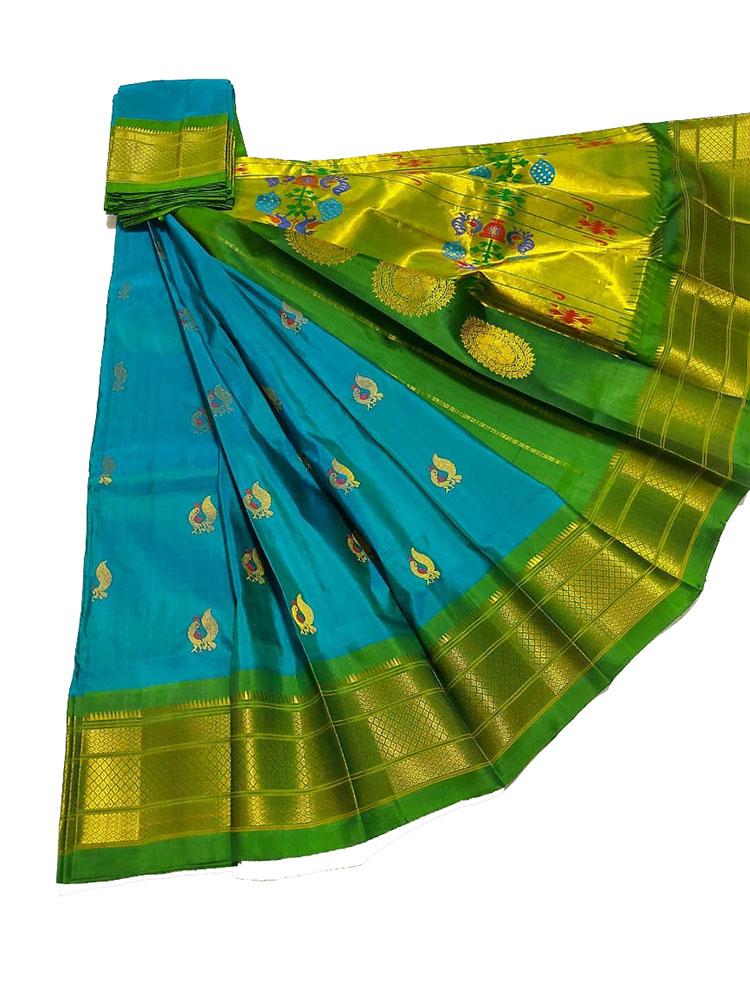 Blue Handloom Paithani Pure Silk Saree - Luxurion World