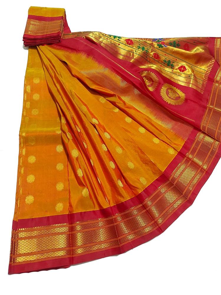 Orange Handloom Paithani Pure Silk Saree - Luxurion World