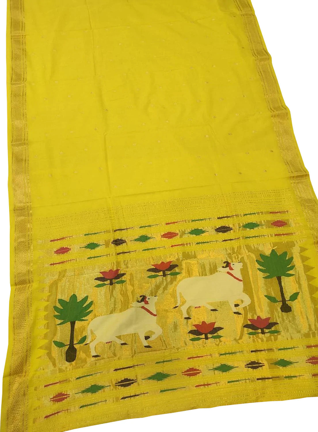 Yellow Handloom Paithani Pure Cotton Cow Design Saree - Luxurion World