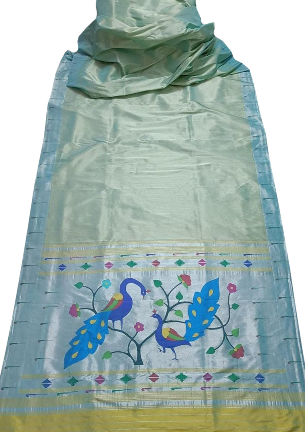 Multicolor Paithani Handloom Pure Silk Single Muniya Border Peacock Design Saree - Luxurion World