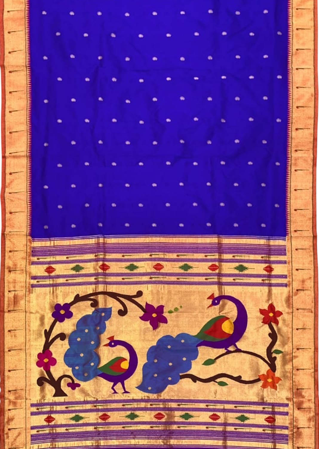 Blue Paithani Handloom Pure Silk Single Muniya Border Peacock Design Saree - Luxurion World