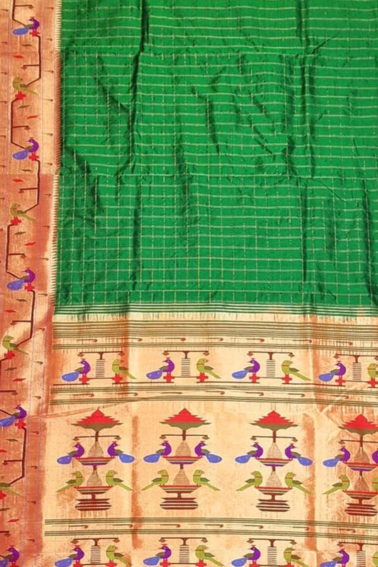 Green Paithani Handloom Pure Silk Peacock Design Triple Muniya Border Saree - Luxurion World