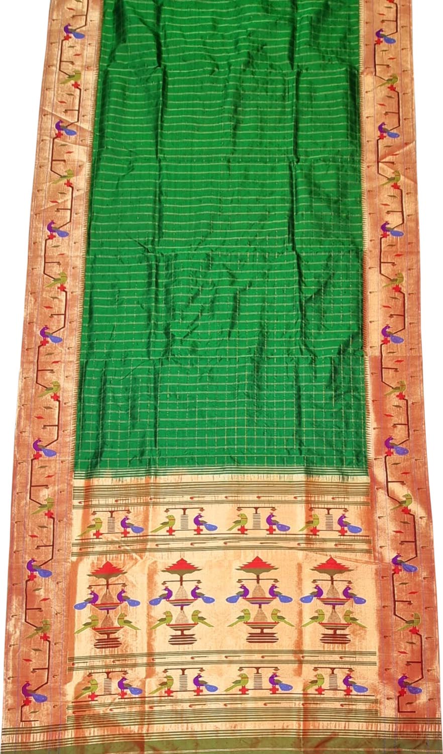 Green Paithani Handloom Pure Silk Peacock Design Triple Muniya Border Saree - Luxurion World