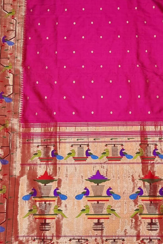 Pink Paithani Handloom Pure Silk Peacock Design Triple Muniya Border Saree - Luxurion World