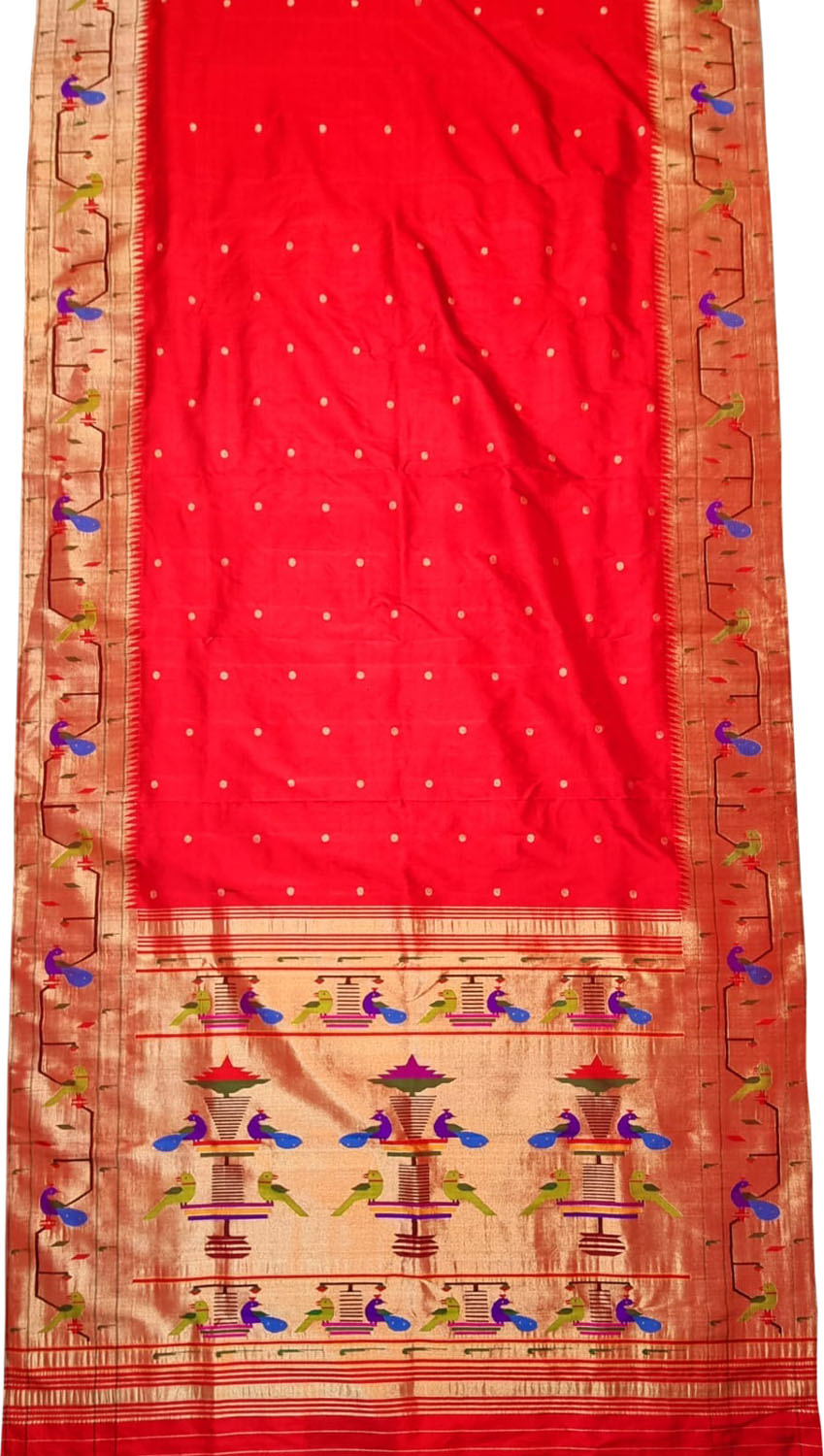 Red Paithani Handloom Pure Silk Peacock Design Triple Muniya Border Saree - Luxurion World