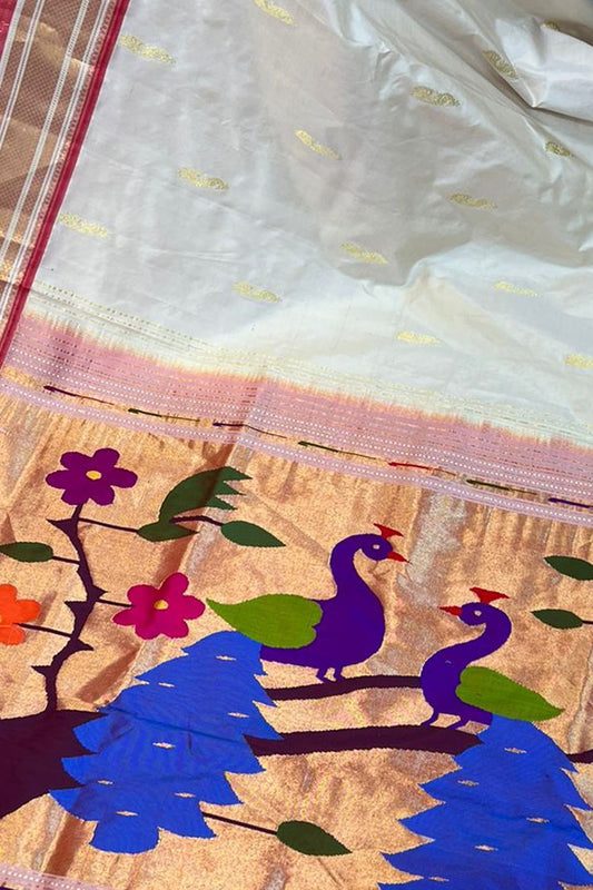 Off White Paithani Handloom Pure Silk Peacock Design Saree - Luxurion World