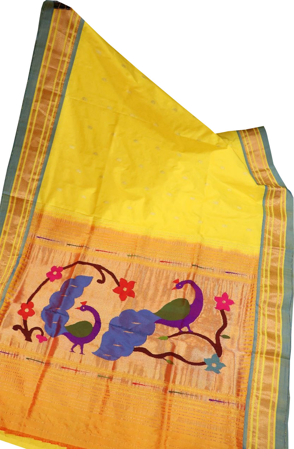 Yellow Paithani Handloom Pure Silk Peacock Design Saree - Luxurion World