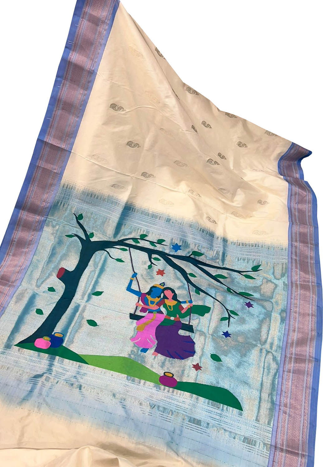 Off White Paithani Handloom Pure Silk Radha Krishna Design Saree - Luxurion World