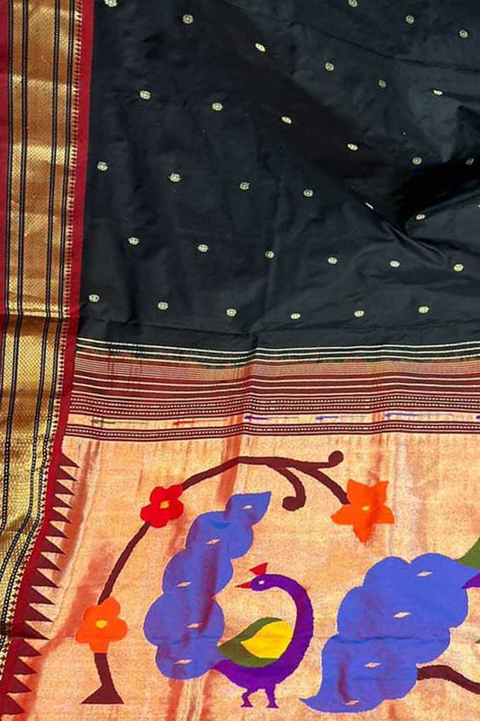Black Paithani Handloom Pure Silk Peacock Design Saree - Luxurion World