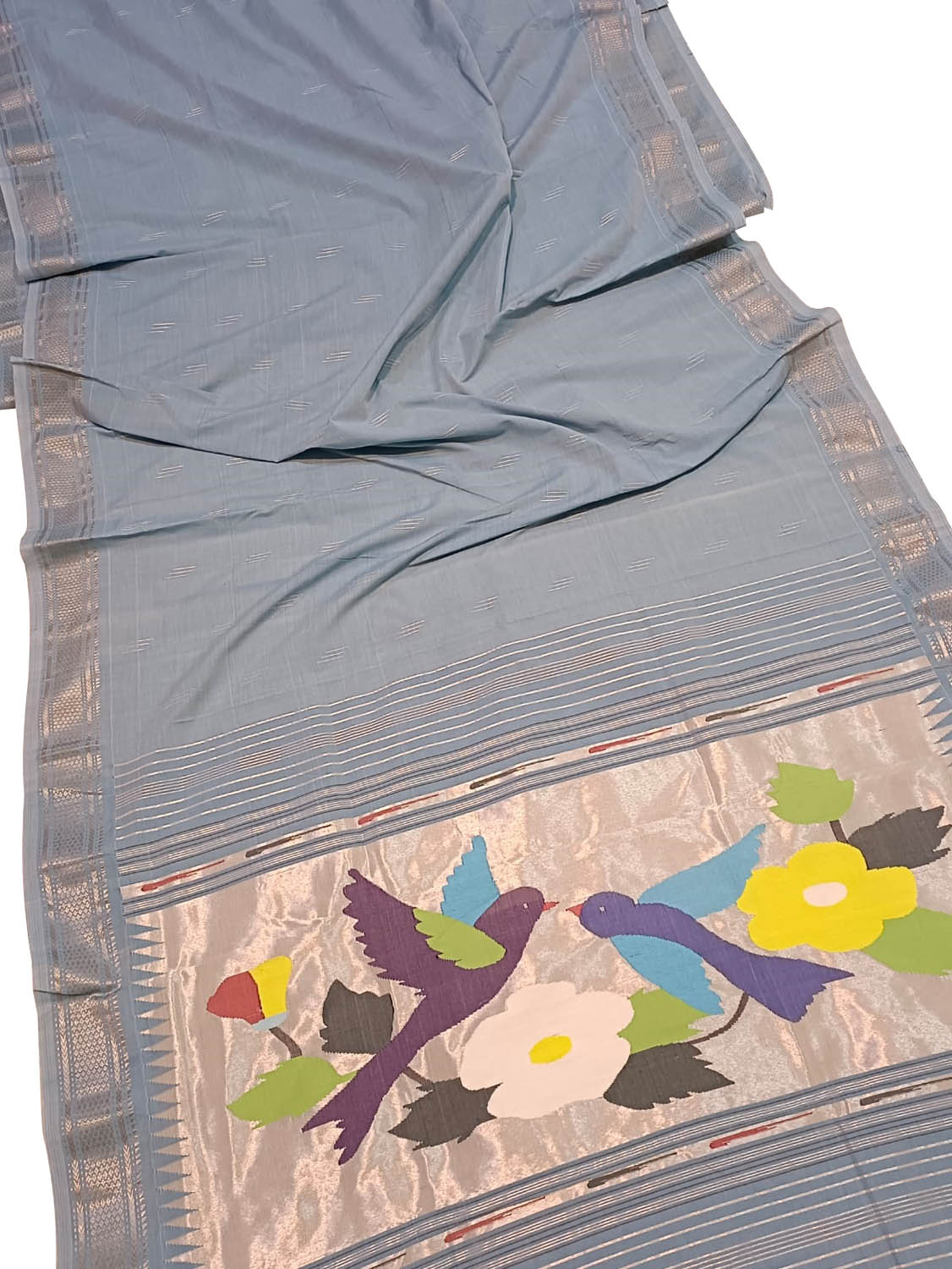 Blue Handloom Paithani Pure Cotton Bird And Floral Design Saree - Luxurion World