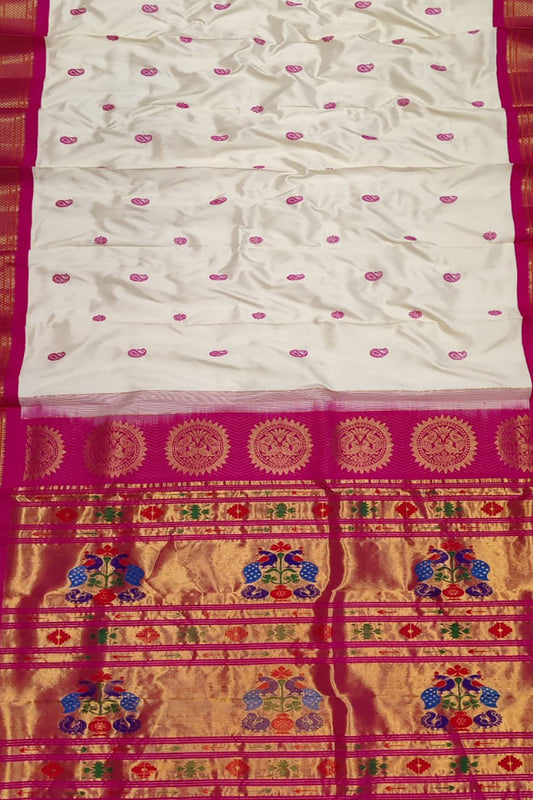 White & Pink Peacock Paithani Silk Saree - Handloom Pure Elegance - Luxurion World