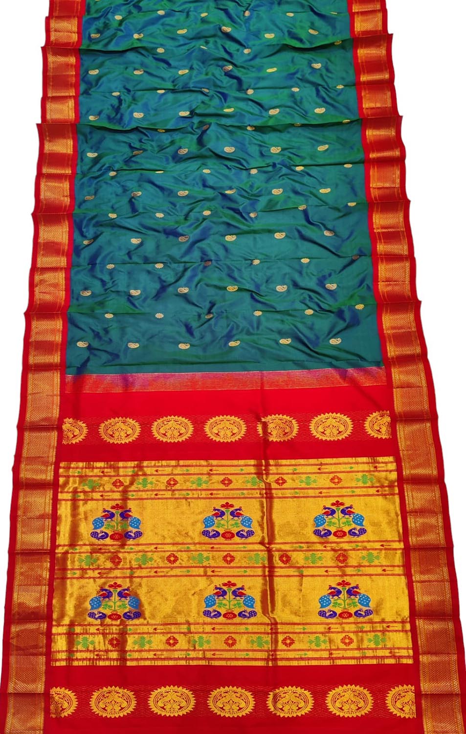 Handloom Silk Peacock Saree - Blue & Red Paithani Design - Luxurion World