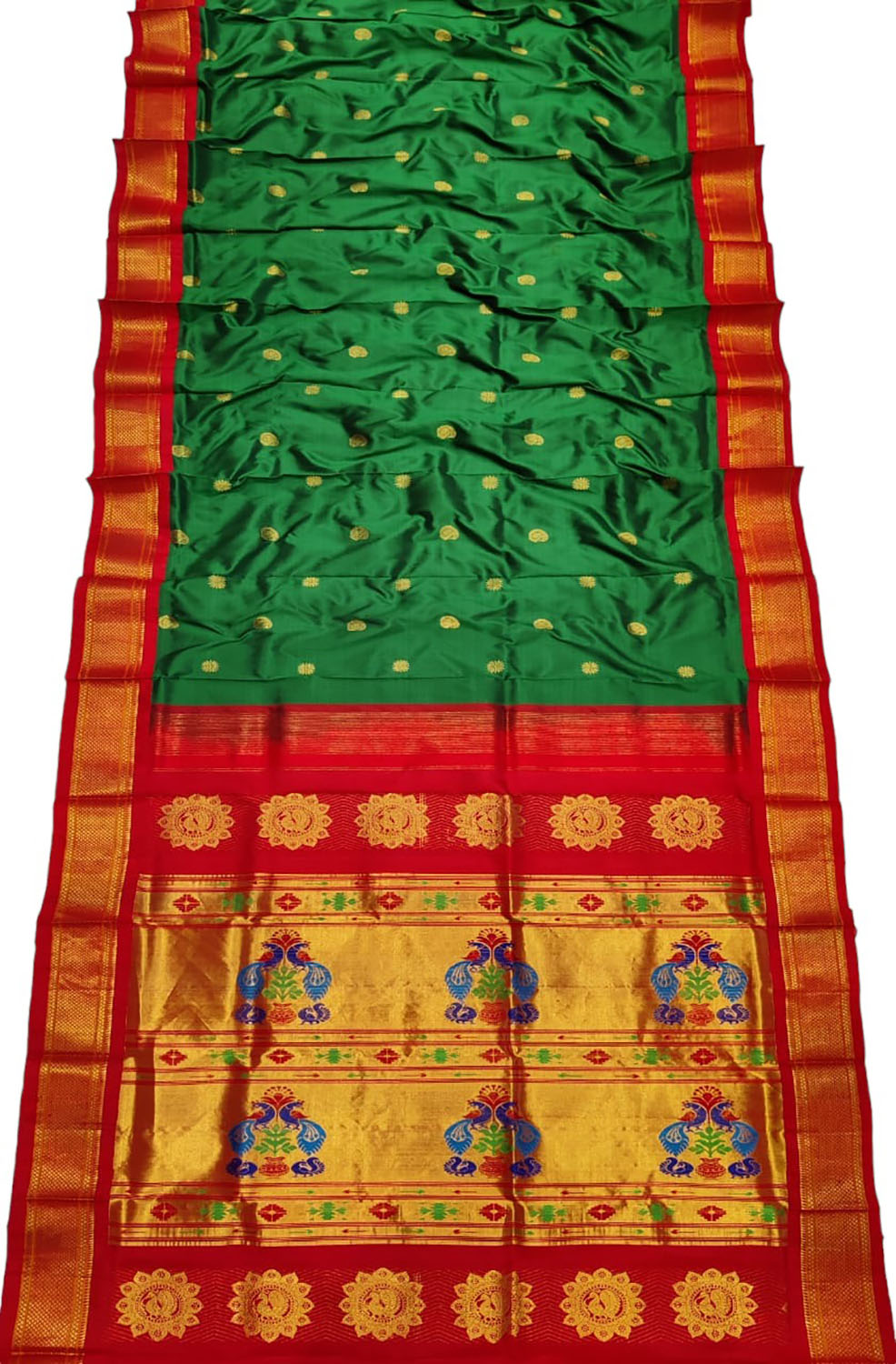 Handloom Silk Peacock Saree - Green and Red Paithani Design - Luxurion World