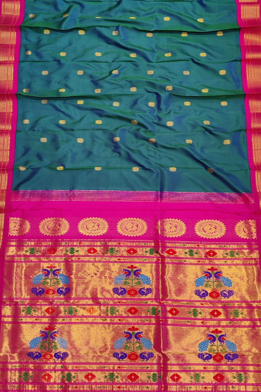Peacock Design Paithani Silk Saree - Handloom Pure Silk in Blue and Pink