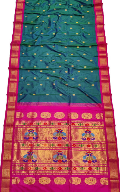 Peacock Design Paithani Silk Saree - Handloom Pure Silk in Blue and Pink - Luxurion World
