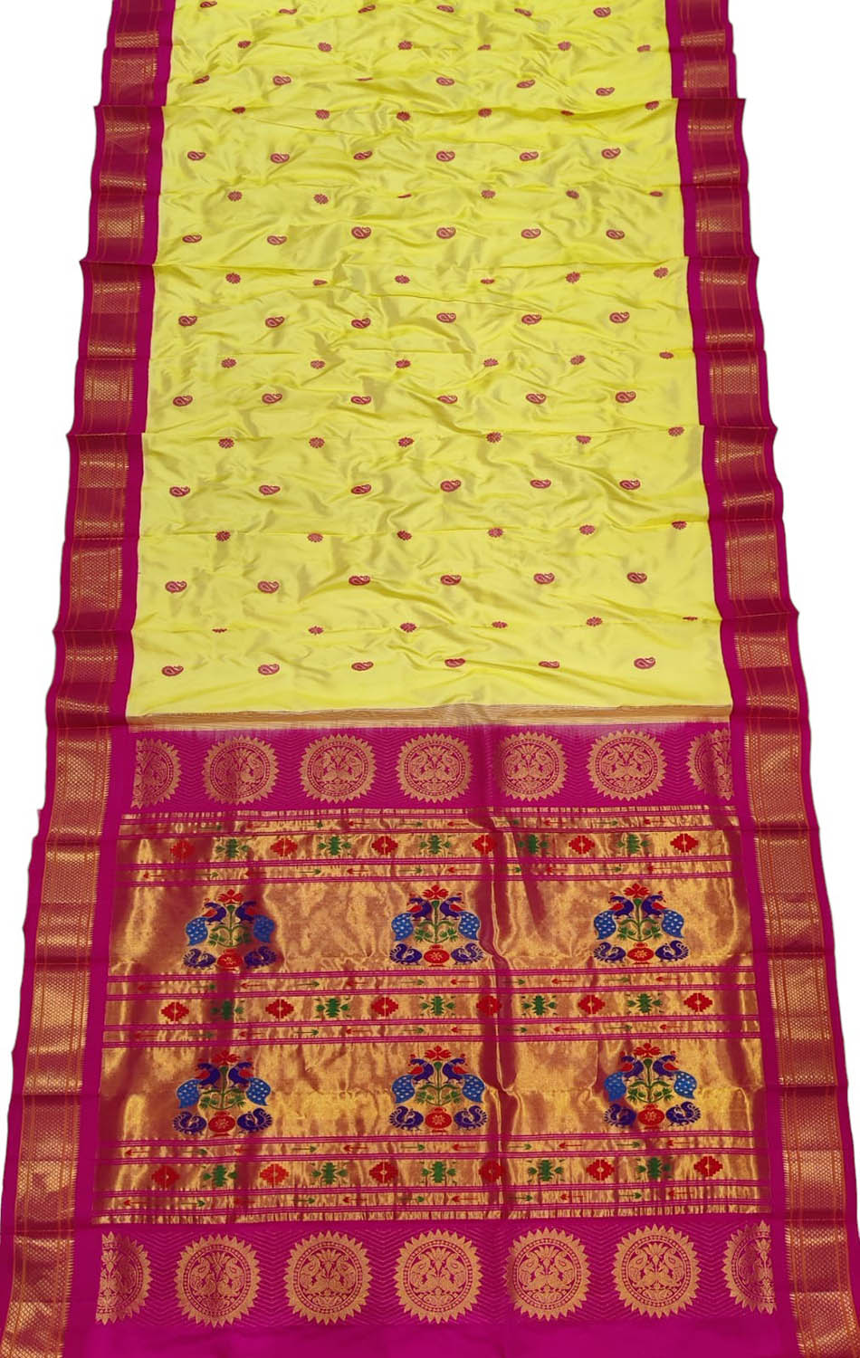 Peacock Design Yellow & Pink Paithani Silk Saree - Handloom Pure Silk - Luxurion World