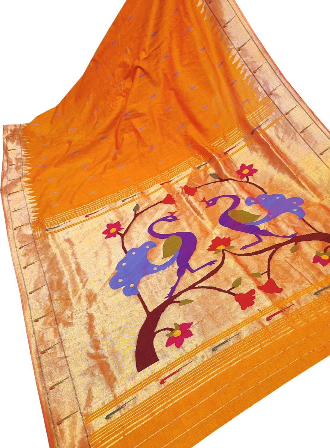 Orange Paithani Handloom Pure Cotton Single Muniya Border Saree - Luxurion World