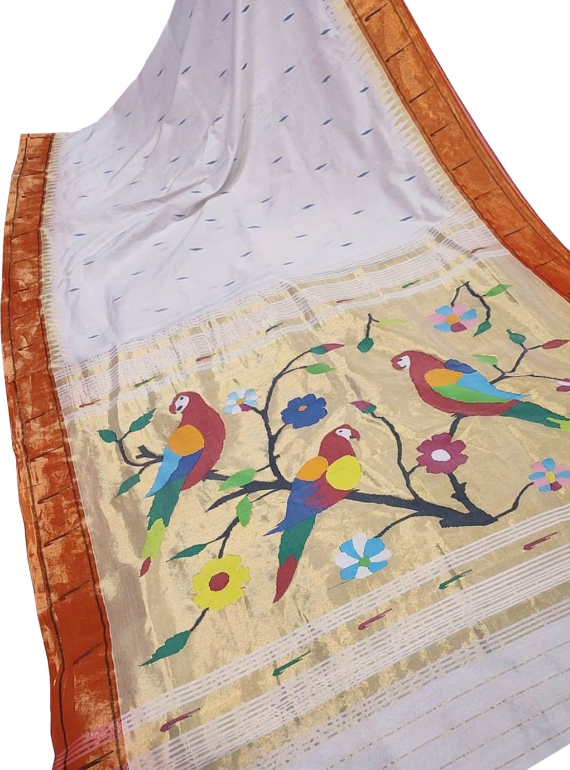 Off White Paithani Handloom Pure Cotton Single Muniya Border Saree - Luxurion World