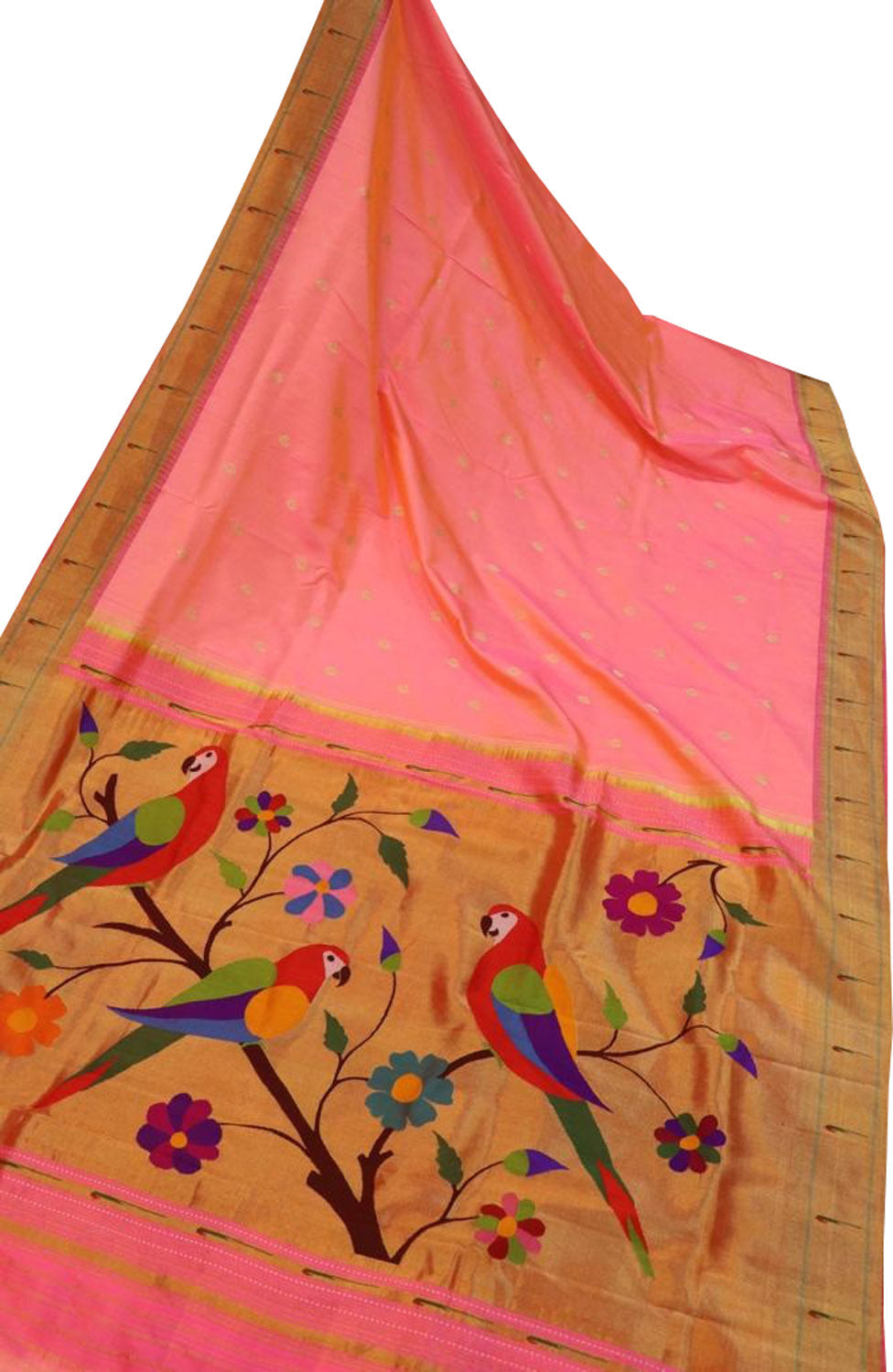 Pink Paithani Handloom Pure Silk Parrot Design Single Muniya Border Saree - Luxurion World