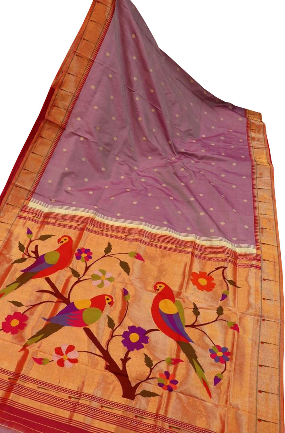 Pink Paithani Handloom Pure Silk Parrot Design Single Muniya Border Saree - Luxurion World