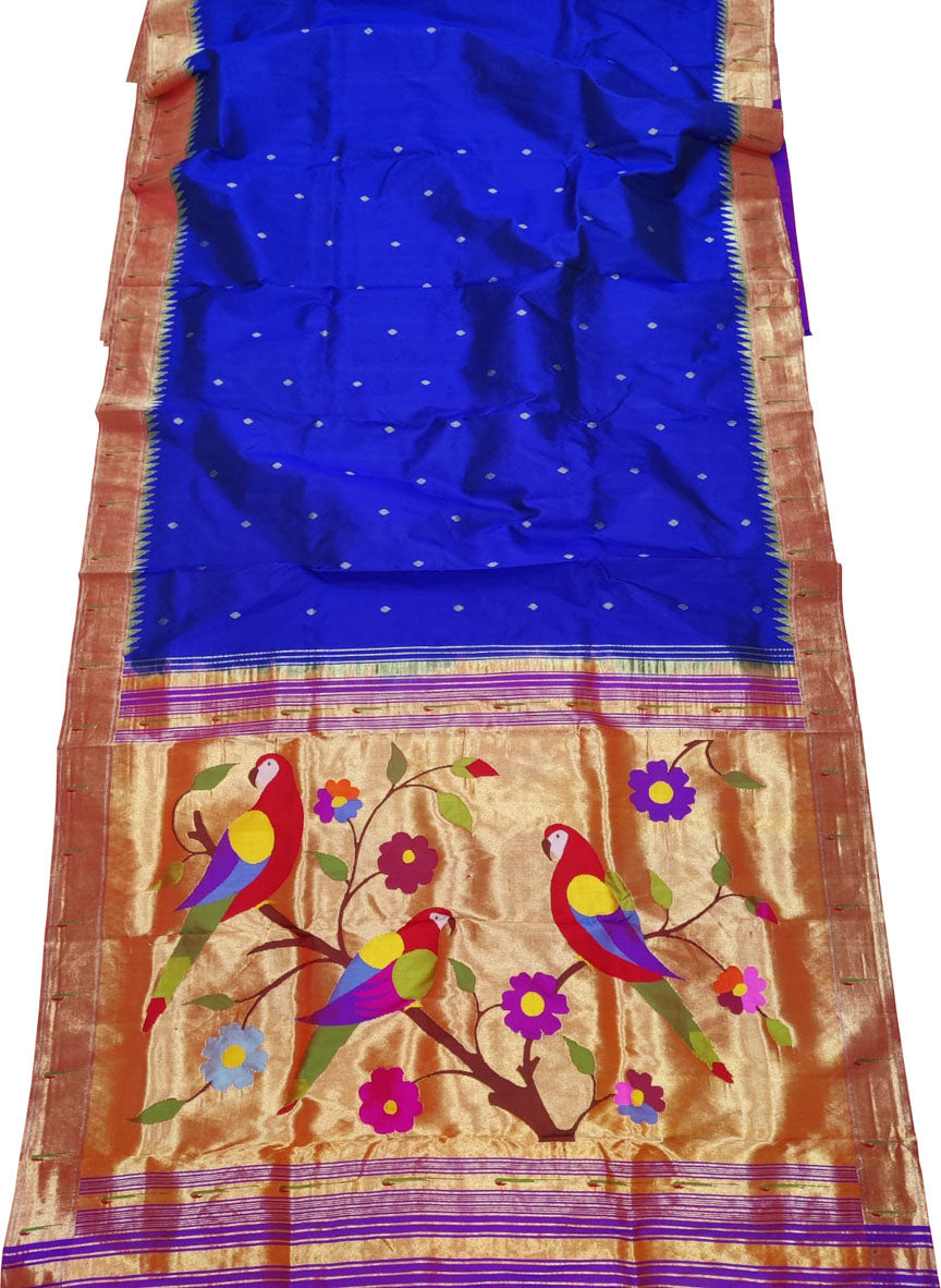 Blue Paithani Handloom Pure Silk Parrot Design Muniya Border Saree - Luxurion World