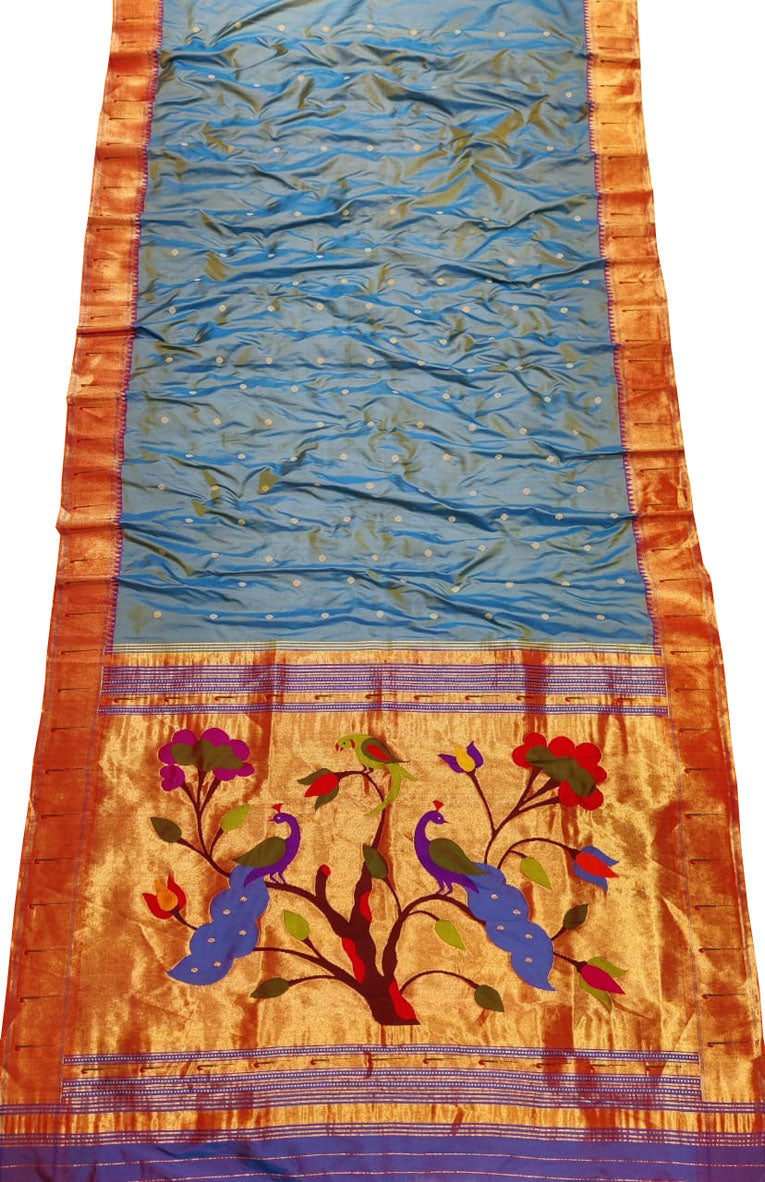 Purple And Blue Shot Paithani Handloom Pure Silk Peacock Design Muniya Border Saree - Luxurion World