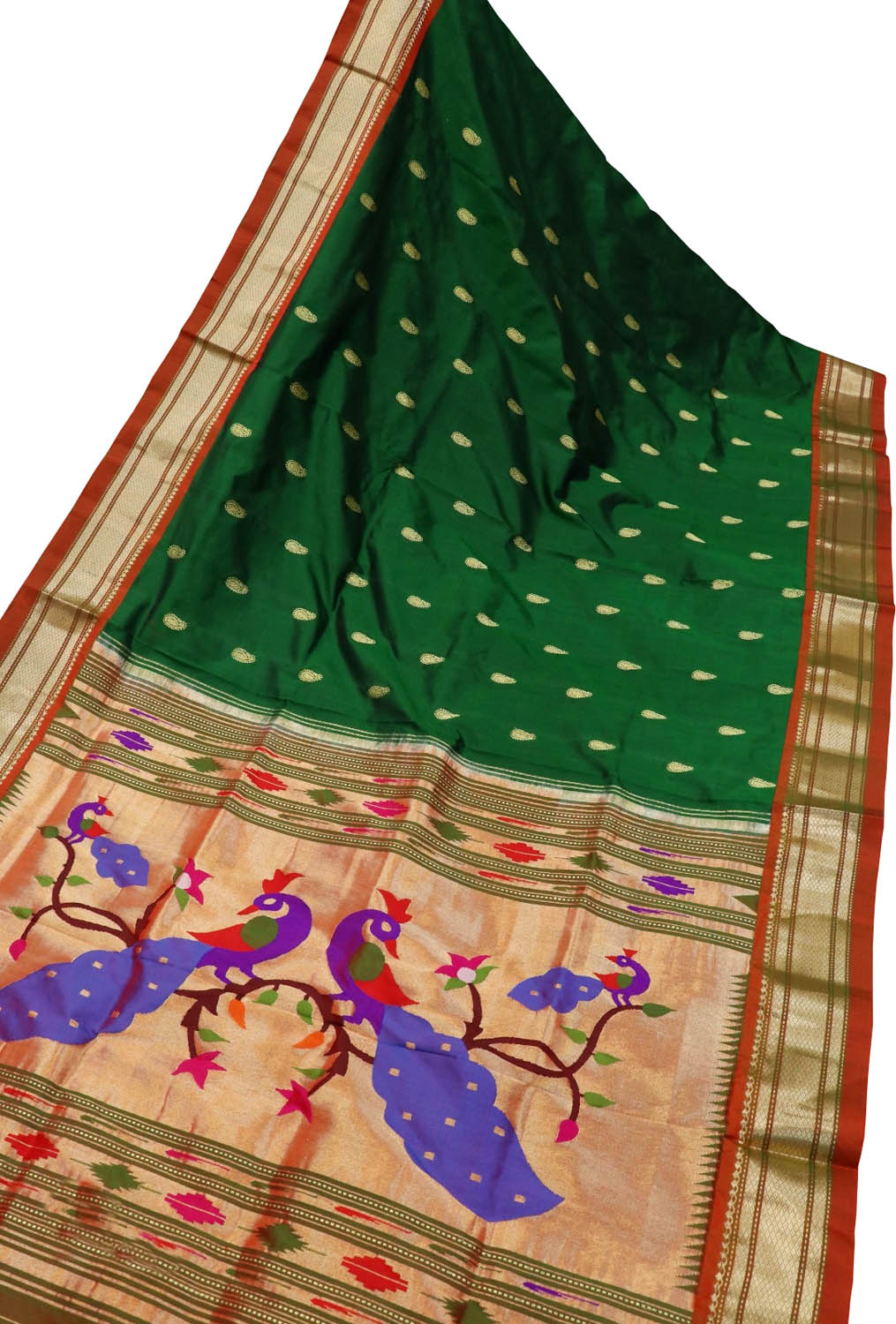Green Handloom Paithani Pure Silk Peacock And Flower Design Saree - Luxurion World