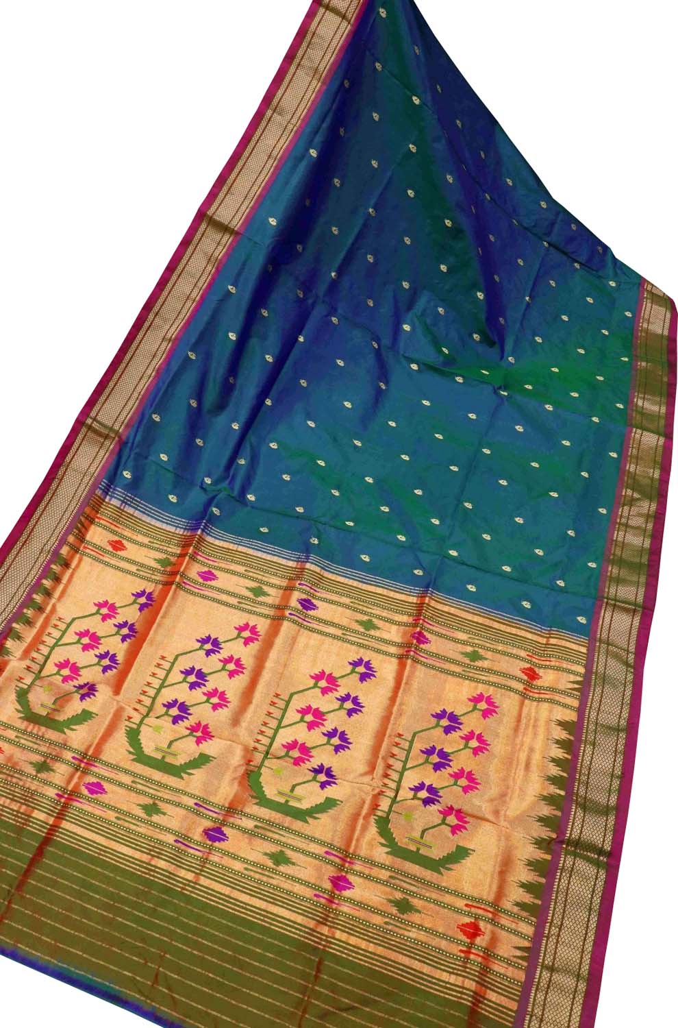 Blue Handloom Paithani Pure Silk Flower Design Saree - Luxurion World
