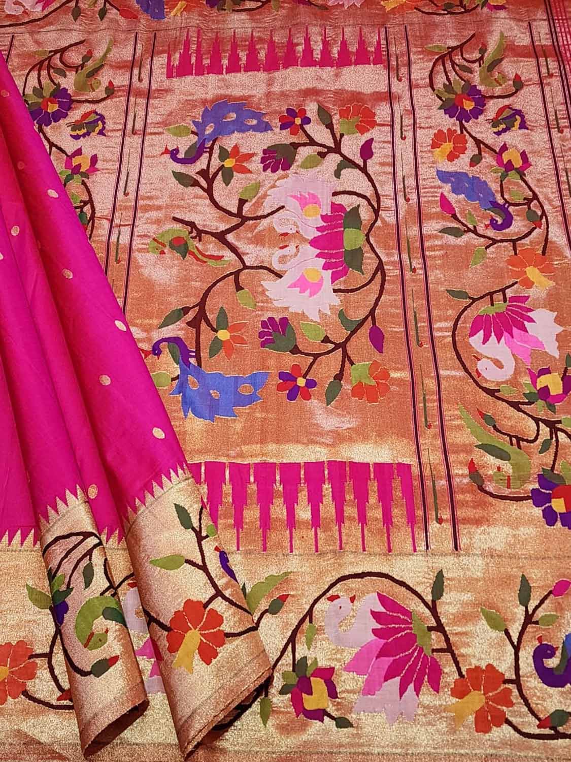Pink Paithani Handloom Pure Silk Flower Design Saree - Luxurion World