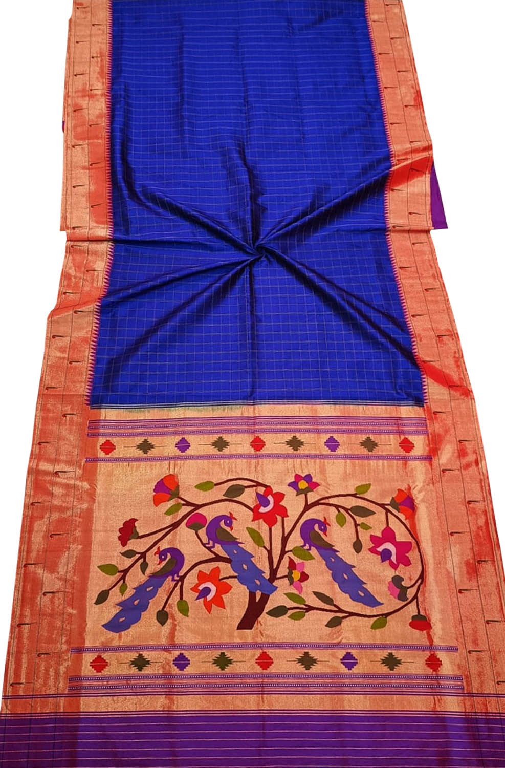 Blue Paithani Handloom Pure Silk Muniya Border Peacock Design Saree - Luxurion World