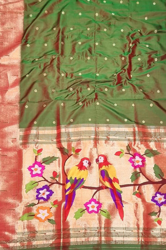 Exquisite Green Handloom Paithani Silk Saree with Triple Muniya Border