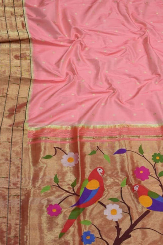Elegant Pink Handloom Paithani Silk Saree with Triple Muniya Border