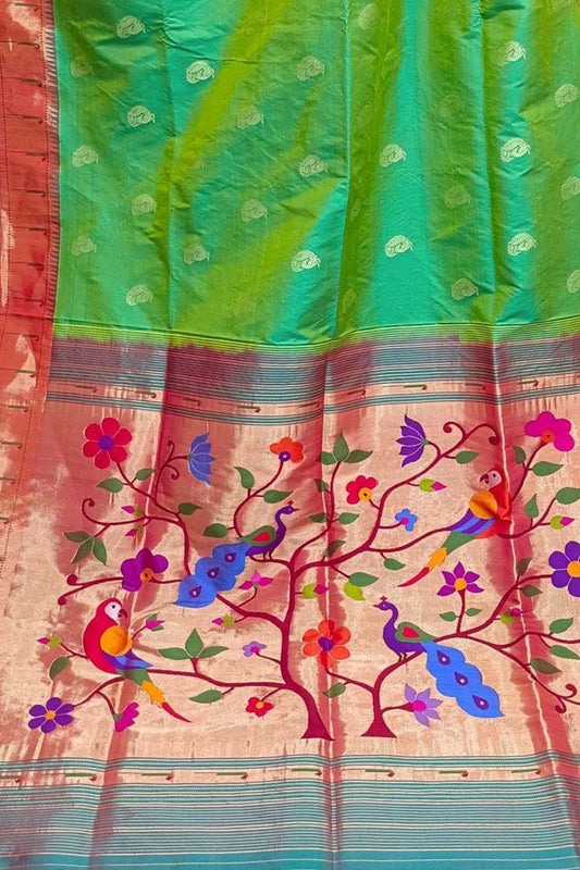 Elegant Green Handloom Paithani Silk Saree with Muniya Border - Luxurion World