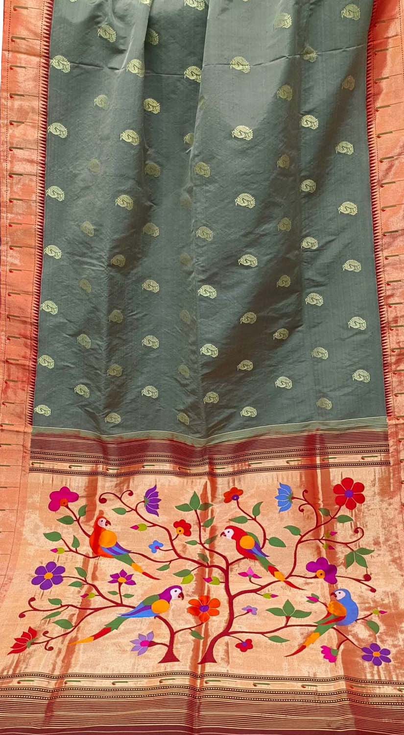 Elegant Grey Handloom Paithani Silk Saree with Muniya Border - Luxurion World