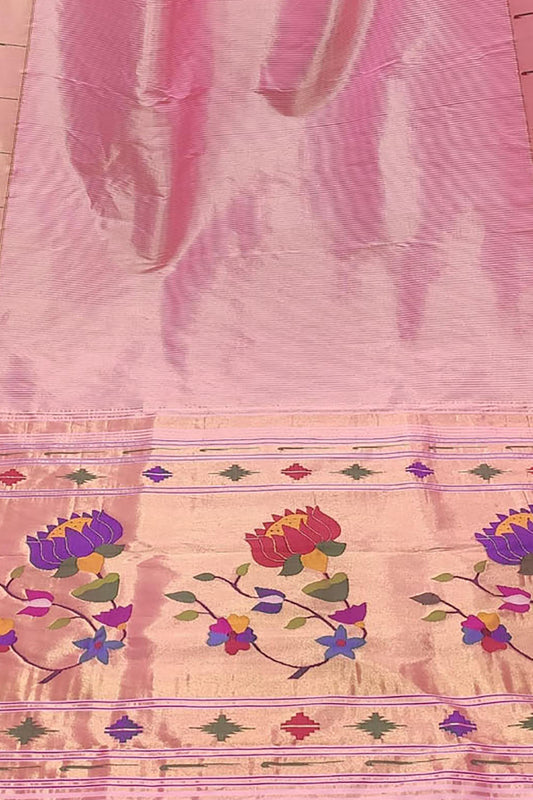 Elegant Pink Paithani Handloom Pure Tissue Silk Saree - Luxurion World