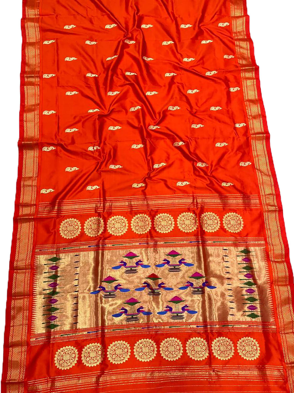 Orange Paithani Handloom Pure Silk Peacock Design Saree - Luxurion World
