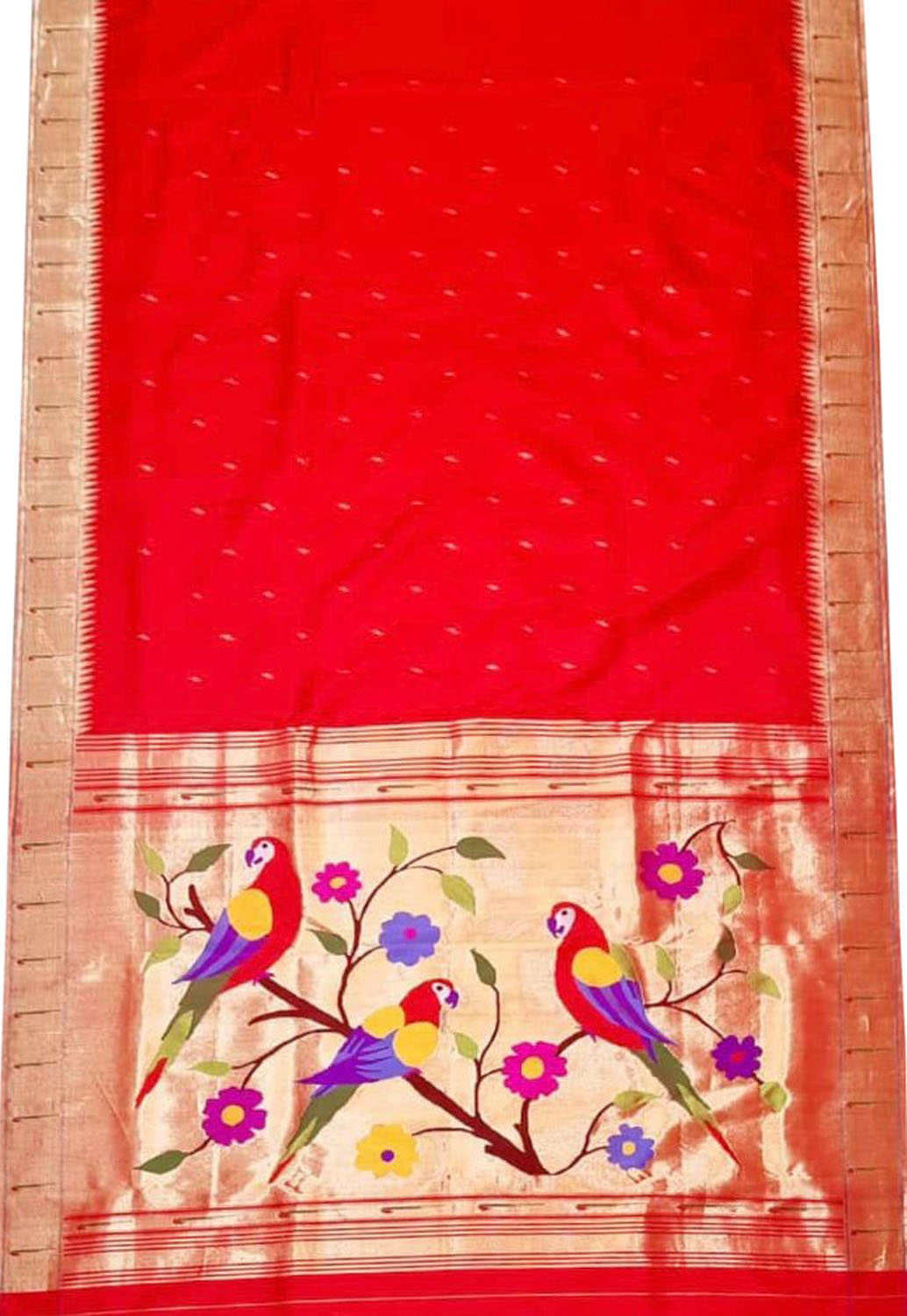 Red Paithani Handloom Pure Silk Single Muniya Border Saree - Luxurion World