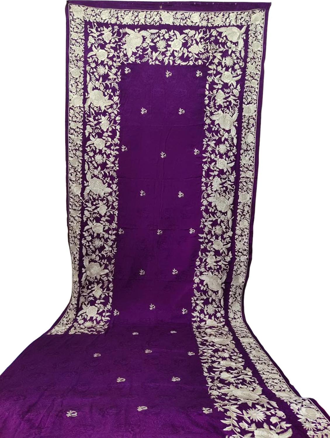 Purple Parsi Gara: Hand-Embroidered Pure Crepe Saree for Elegant Style - Luxurion World
