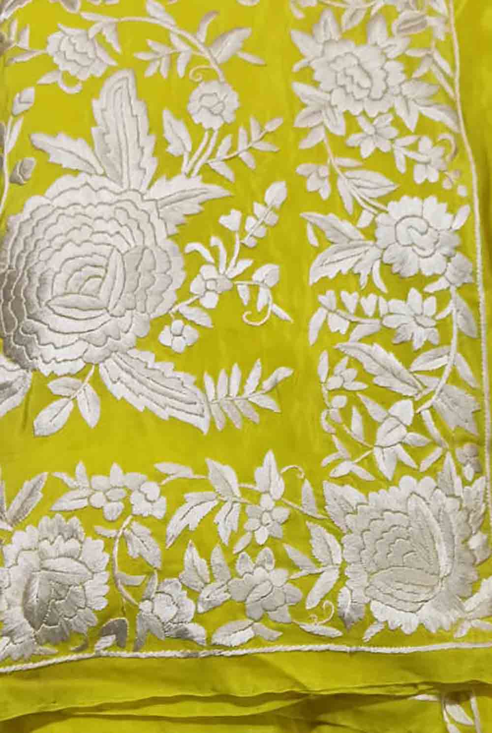 Yellow Hand Embroidered Parsi Gara Crepe Floral And Bird Design Saree - Luxurion World