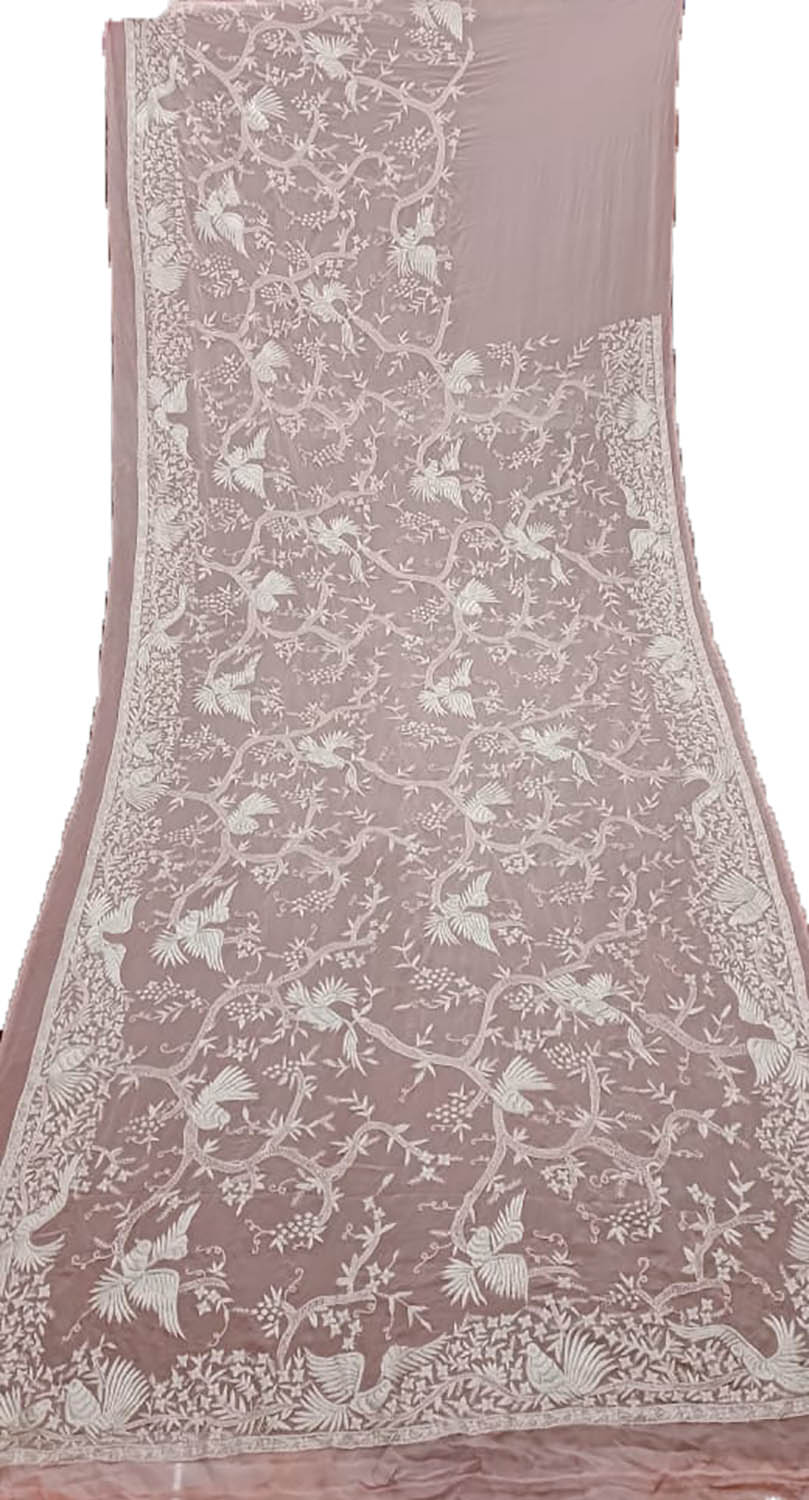Pink Parsi Gara Hand Embroidered Pure Georgette Saree - Luxurion World