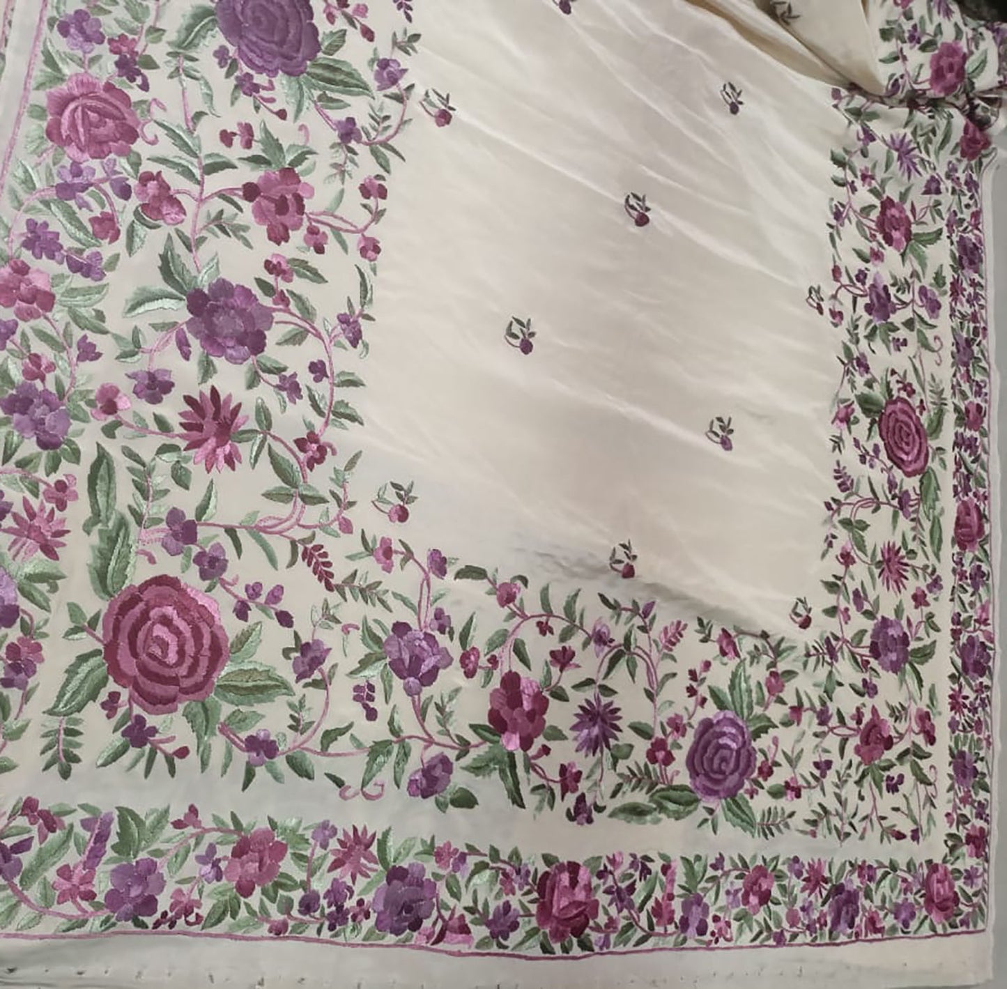 Off White Parsi Gara Hand Embroidered Pure Crepe Saree - Luxurion World