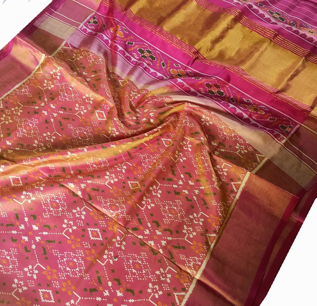Pink Handloom Single Ikat Patola Pure Silk Saree - Luxurion World