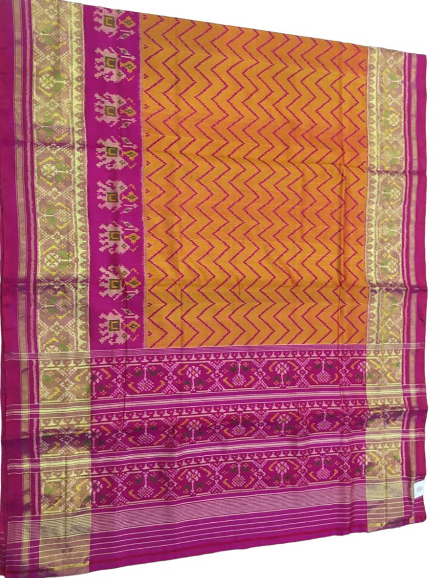 Orange Handloom Single Ikat Patola Pure Silk Saree - Luxurion World