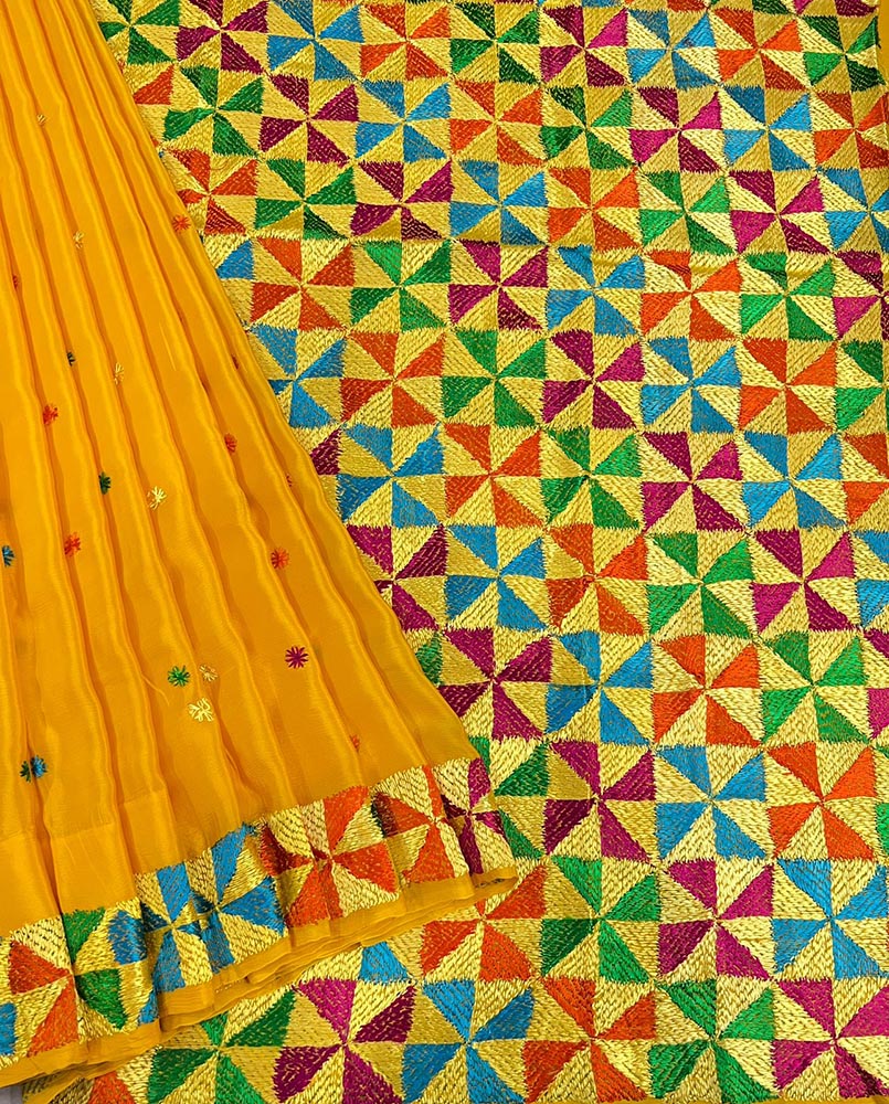 Yellow Hand Embroidered Phulkari Chinon Chiffon Silk Saree - Luxurion World