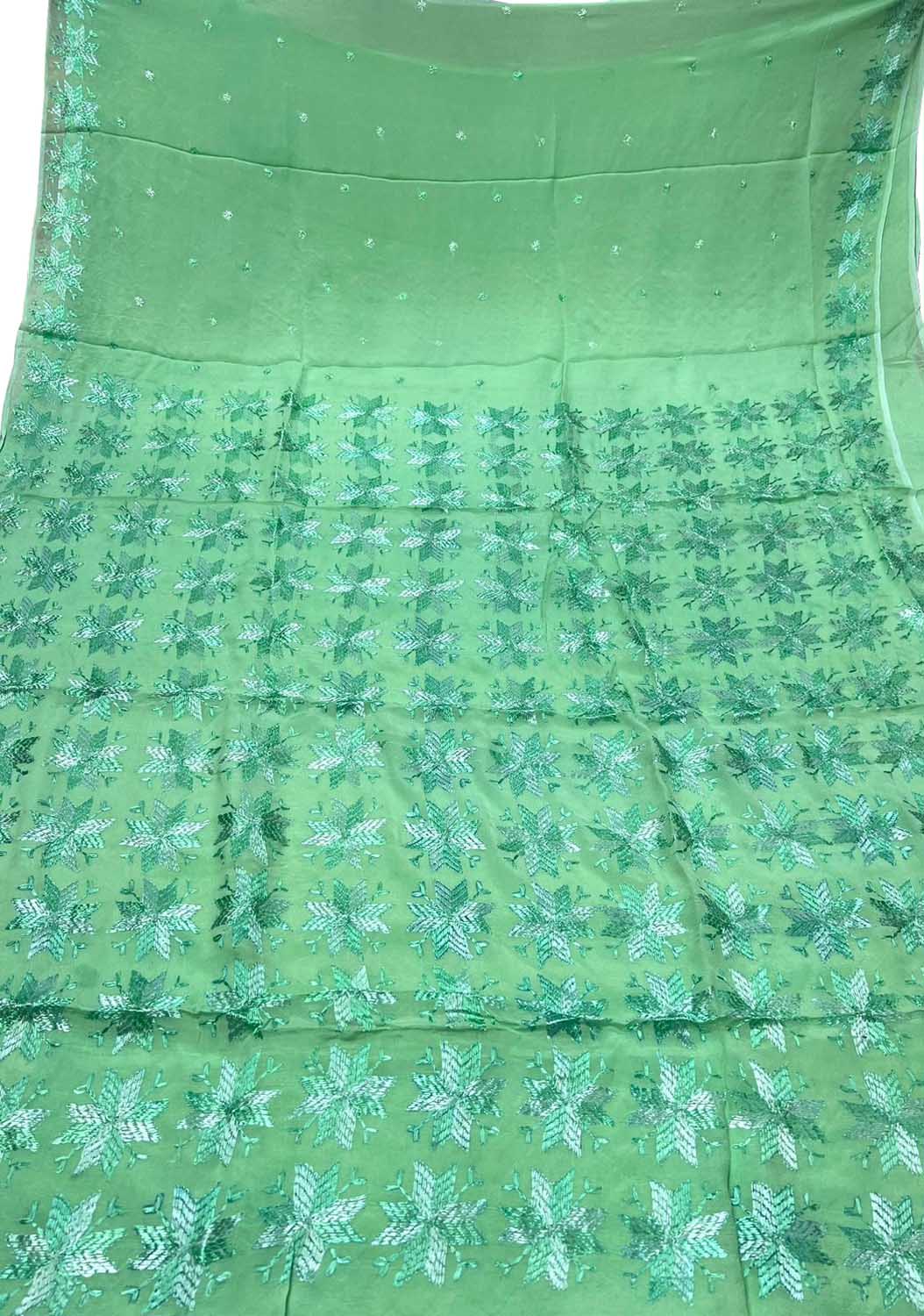 Blue Phulkari Hand Embroidered Chinnon Chiffon Saree - Luxurion World