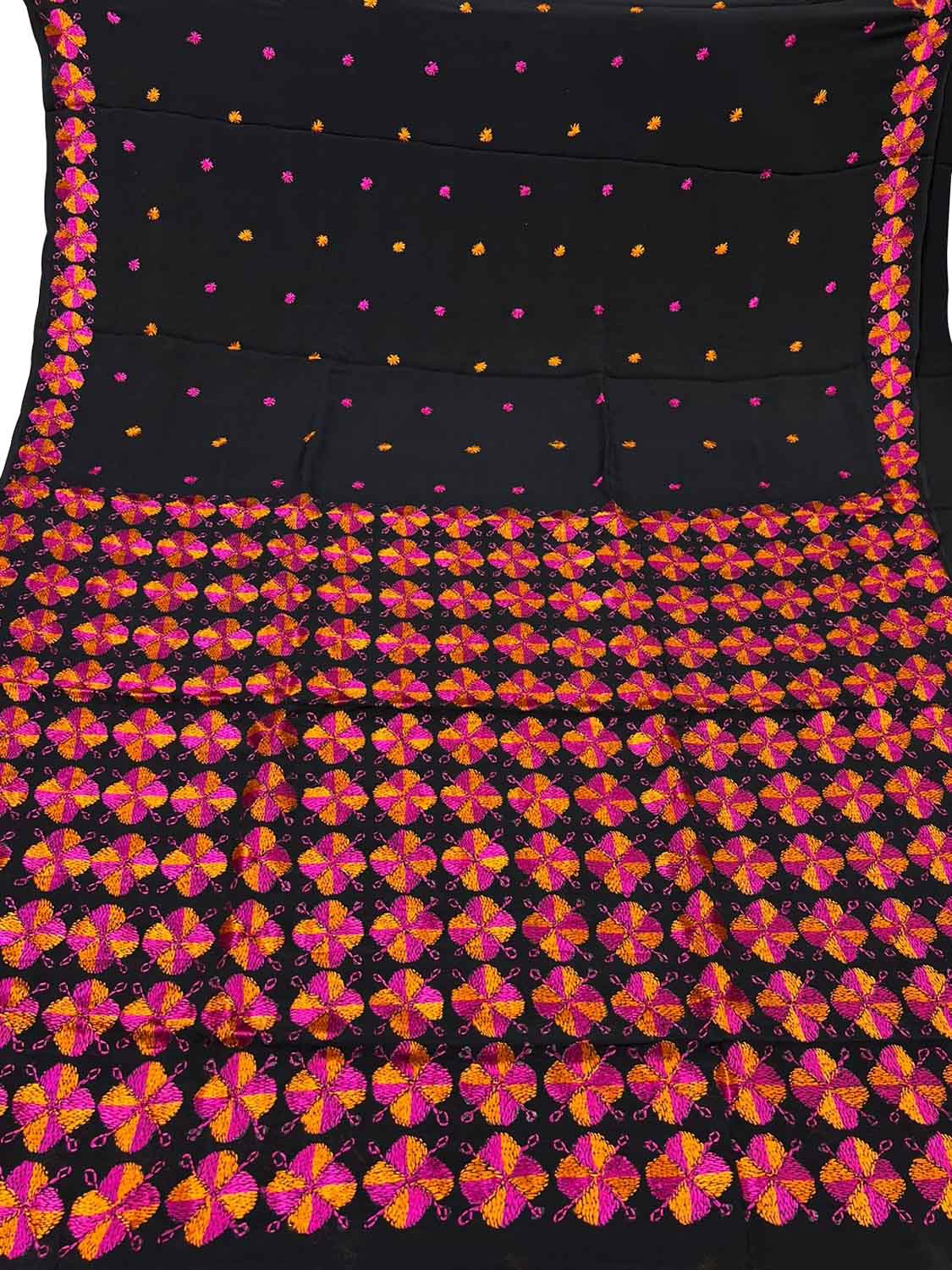 Black Phulkari Hand Embroidered Chinnon Chiffon Saree - Luxurion World