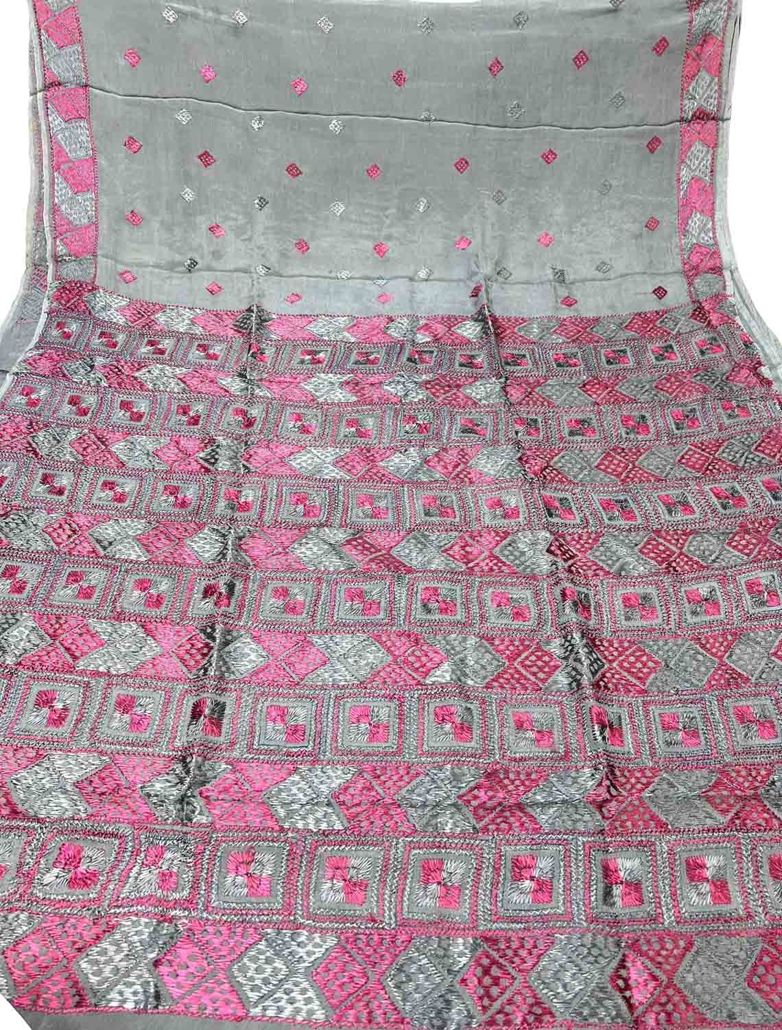 Grey Phulkari Hand Embroidered Chinnon Chiffon Saree - Luxurion World