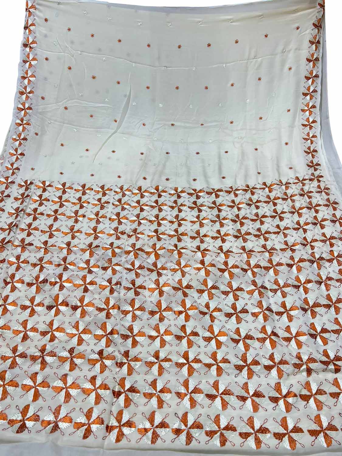 Off White Phulkari Hand Embroidered Pure Chinnon Chiffon Saree - Luxurion World