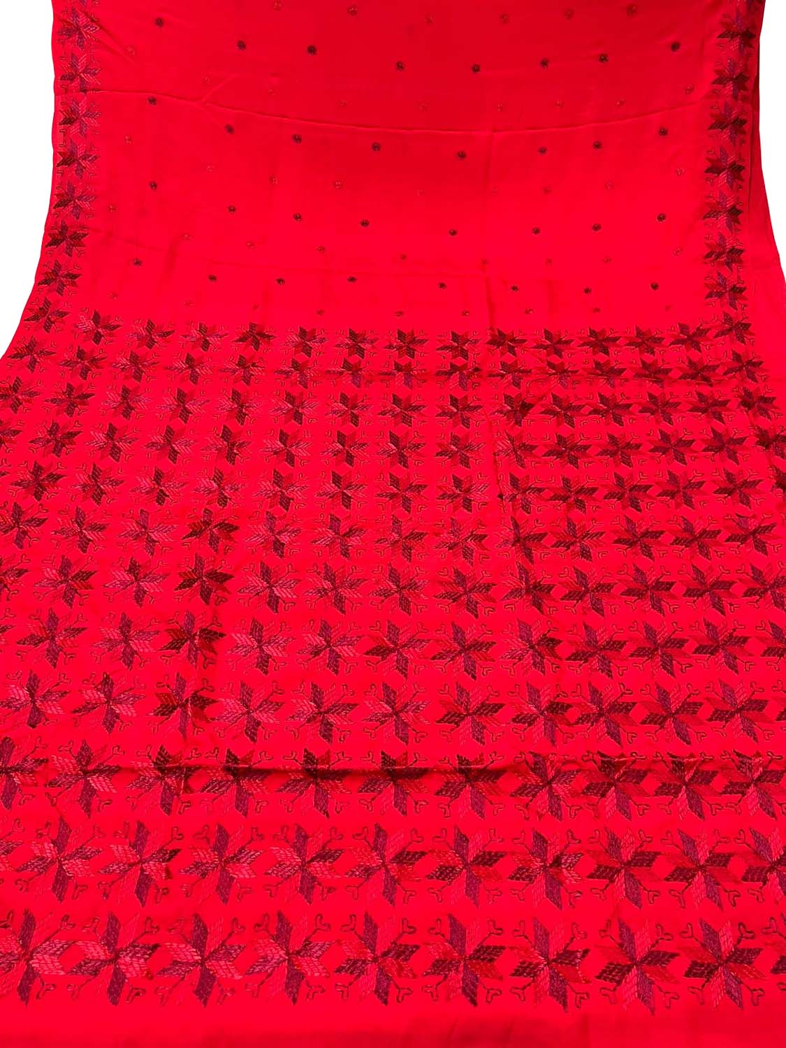 Red Phulkari Hand Embroidered Pure Chinnon Chiffon Saree - Luxurion World