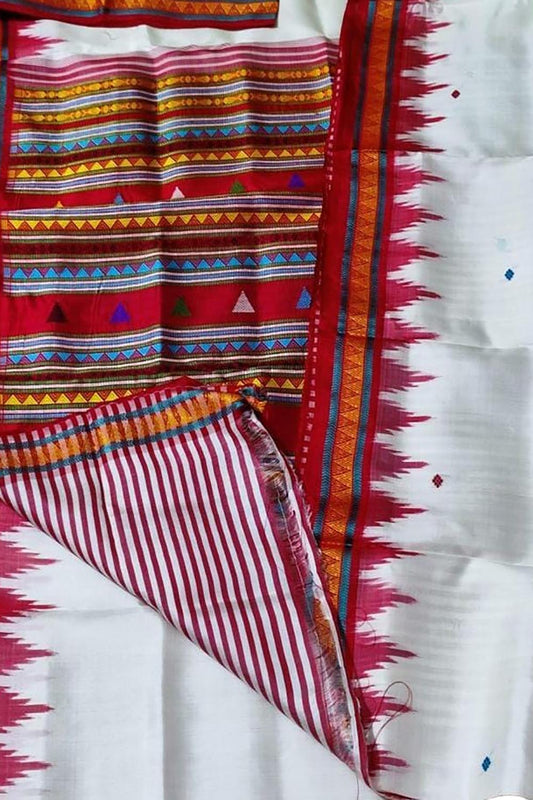 Pure Silk White Sambalpuri Handloom Ikat Saree: Traditional Elegance - Luxurion World